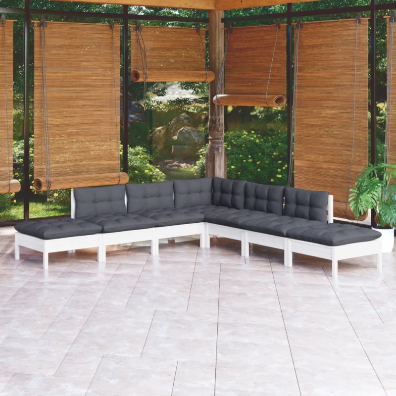 Set Divani da Giardino 7 pz con Cuscini Bianchi Legno di Pino Set Divani da Giardino 7 pz con Cuscini Bianchi Legno di Pino