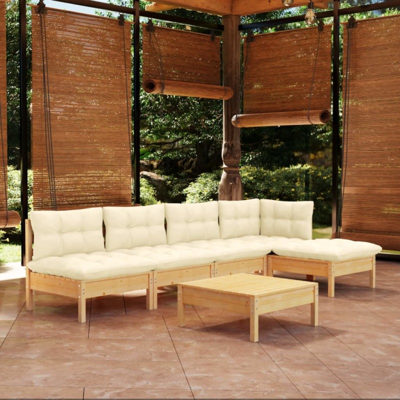 Set Divani da Giardino 6 pz con Cuscini Crema in Massello di Pino Set Divani da Giardino 6 pz con Cuscini Crema in Massello di Pino