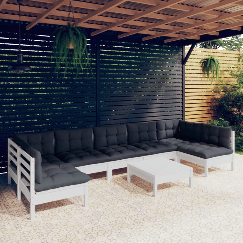 Set Divani da Giardino 8 pz con Cuscini Bianchi Legno di Pino Set Divani da Giardino 8 pz con Cuscini Bianchi Legno di Pino