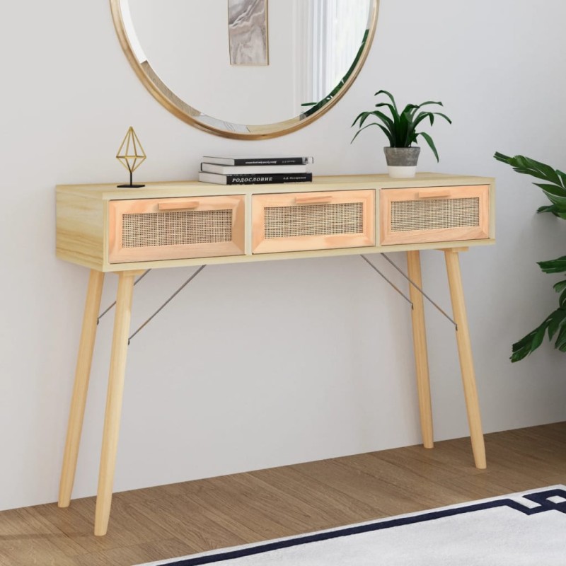 Tavolo Consolle Marrone 105x30x75 Massello Pino Rattan Naturale Tavolo Consolle Marrone 105x30x75 Massello Pino Rattan Naturale