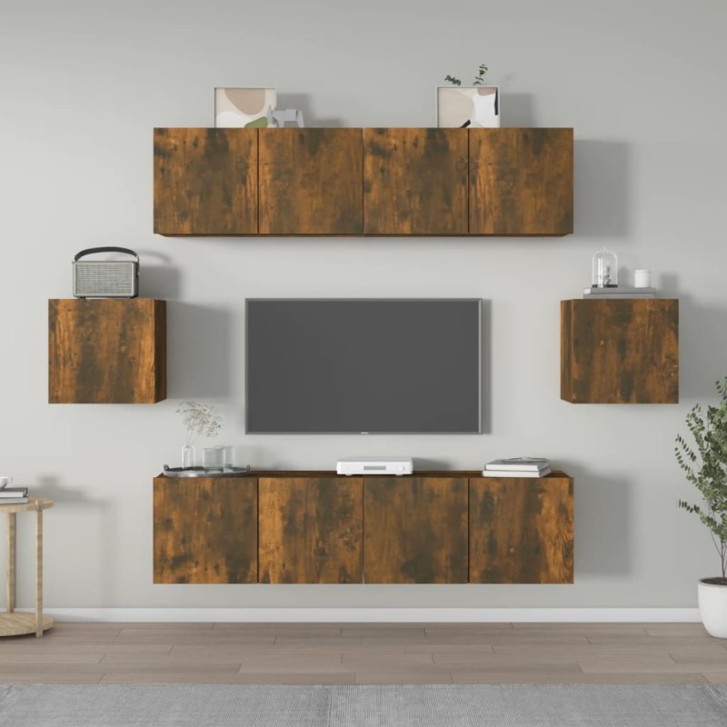 Set di Mobili Porta TV 6 pz Rovere Fumo in Legno Multistrato Set di Mobili Porta TV 6 pz Rovere Fumo in Legno Multistrato