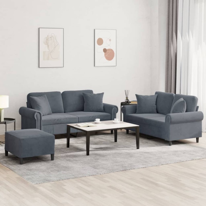 vidaXL Set di Divani 3 pz con Cuscini Grigio Scuro in Velluto vidaXL Set di Divani 3 pz con Cuscini Grigio Scuro in Velluto