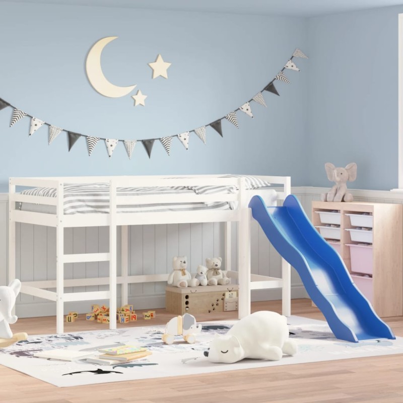 vidaXL Letto Soppalco Scivolo Bambini Bianco 90x200 cm Massello Pino vidaXL Letto Soppalco Scivolo Bambini Bianco 90x200 cm Massello Pino