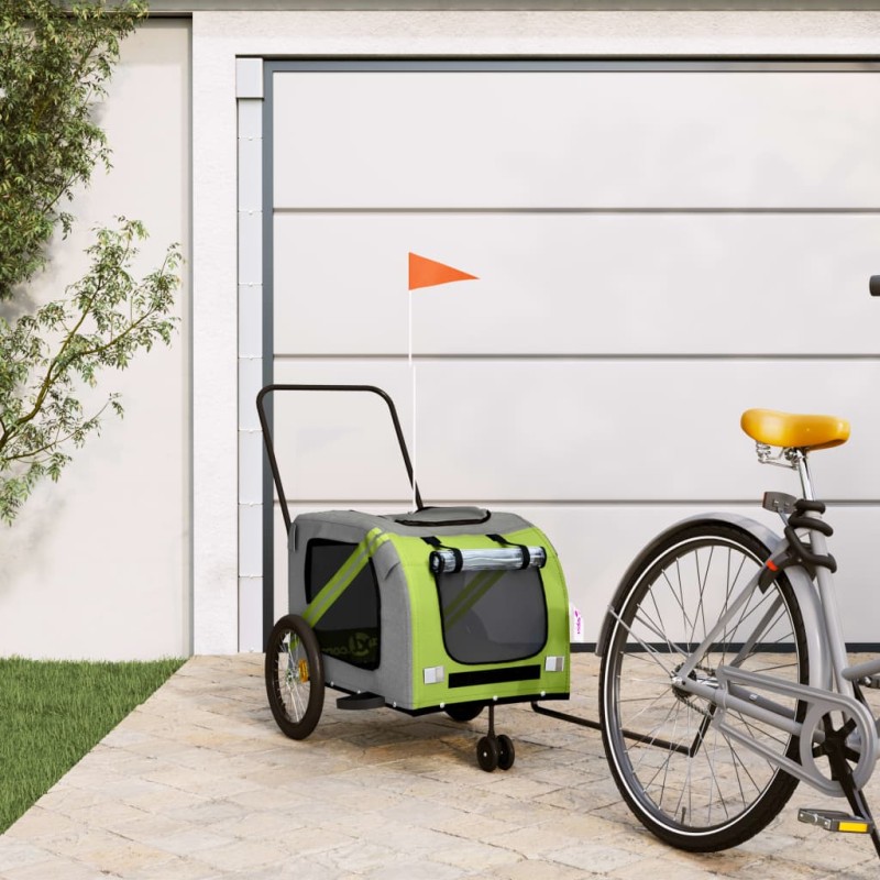 vidaXL Rimorchio da Bici per Animali Verde e Grigio Oxford e Ferro