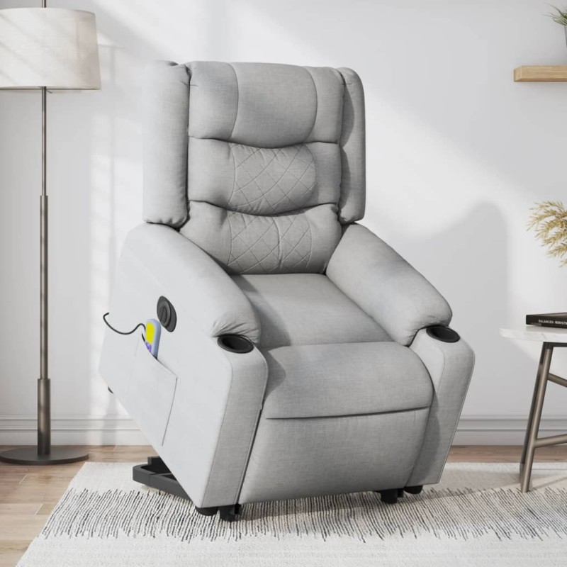 vidaXL Poltrona Alzapersona Massaggi Elettrica Grigio Chiaro Tessuto