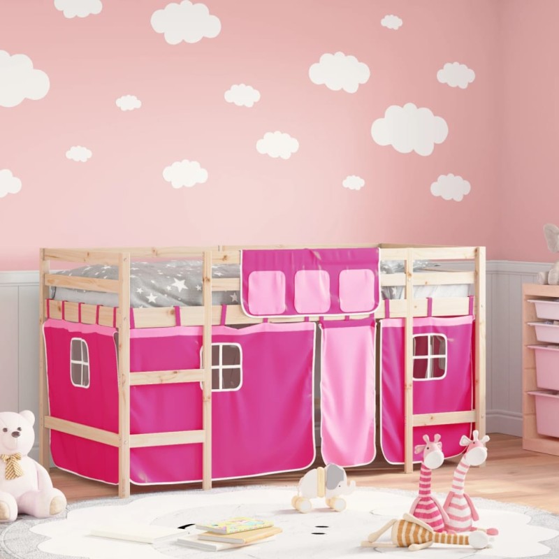 vidaXL Letto a Soppalco con Tende Bambini Rosa 90x190 cm Massello Pino vidaXL Letto a Soppalco con Tende Bambini Rosa 90x190 cm Massello Pino
