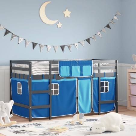 vidaXL Letto a Soppalco Bambini con Tende Blu 90x190 cm Massello Pino