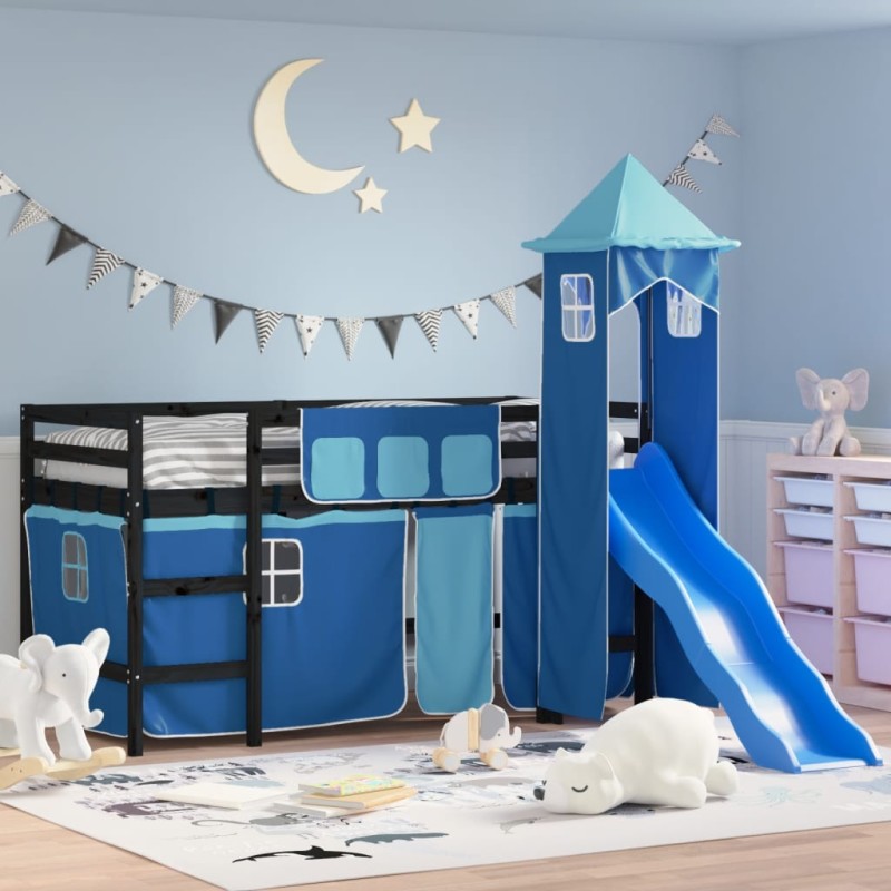 vidaXL Letto a Soppalco con Torre Bambini Blu 90x190cm Massello Pino vidaXL Letto a Soppalco con Torre Bambini Blu 90x190cm Massello Pino