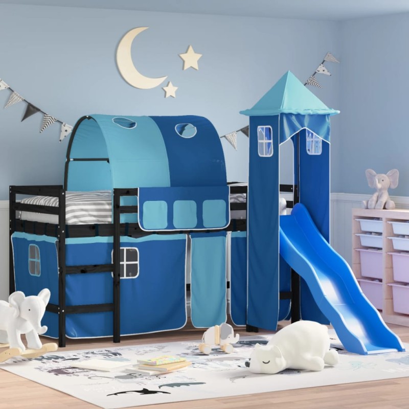 vidaXL Letto a Soppalco con Torre Bambini Blu 90x200cm Massello Pino vidaXL Letto a Soppalco con Torre Bambini Blu 90x200cm Massello Pino