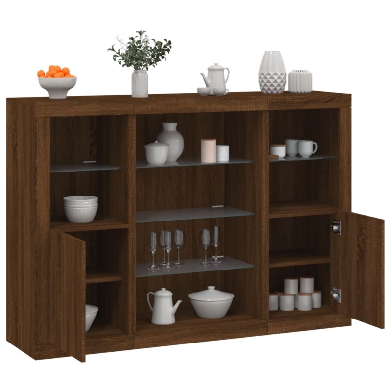 vidaXL Credenze con Luci LED 3 pz Rovere Marrone in Legno Multistrato