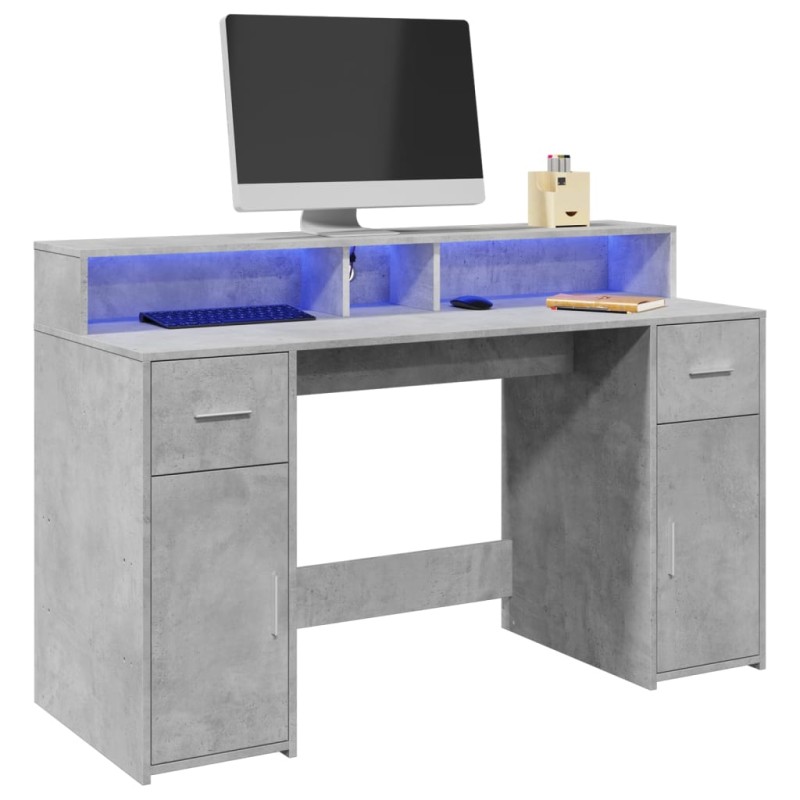 vidaXL Scrivania con Luci LED Grigio Cemento 140x55x91 cm Multistrato