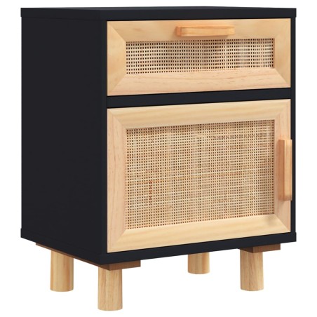 Comodino Nero in Legno Massello di Pino e Rattan Naturale