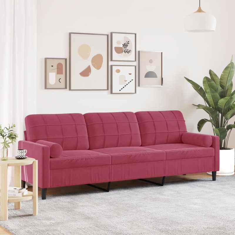 vidaXL Divano a 3 Posti con Cuscini Rosso Vino 210 cm in Velluto vidaXL Divano a 3 Posti con Cuscini Rosso Vino 210 cm in Velluto