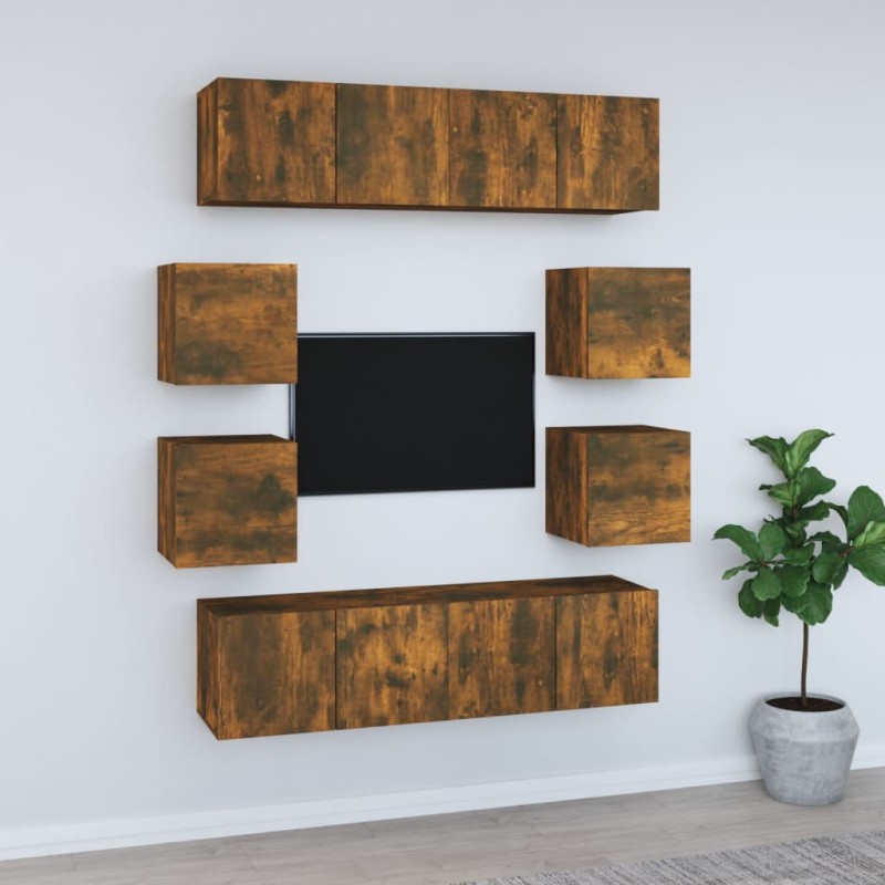 Set Mobili Porta TV 8 pz Rovere Fumo in Legno Multistrato Set Mobili Porta TV 8 pz Rovere Fumo in Legno Multistrato