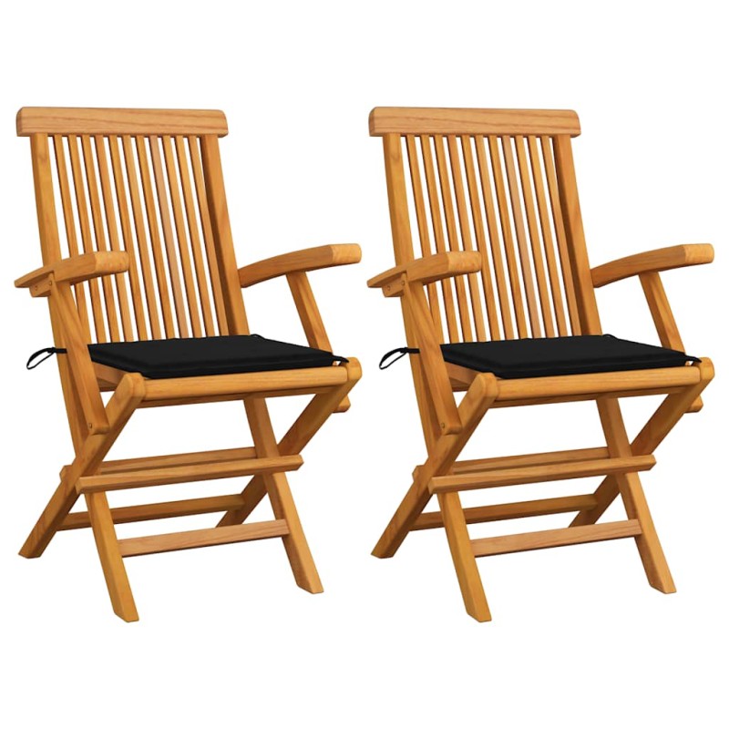 vidaXL Sedie da Giardino con Cuscini Neri 2pz Legno Massello di Teak