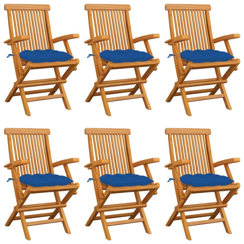 vidaXL Sedie da Giardino con Cuscini Blu 6 pz Legno Massello di Teak
