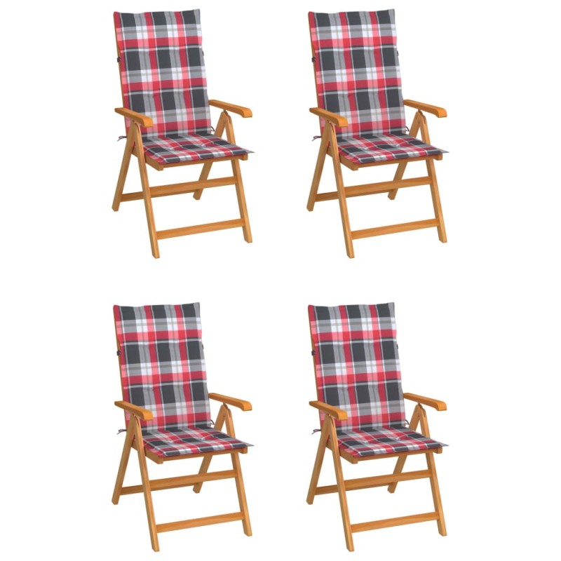 vidaXL Sedie Giardino 4 pz con Cuscini Rossi a Quadri Massello di Teak vidaXL Sedie Giardino 4 pz con Cuscini Rossi a Quadri Massello di Teak
