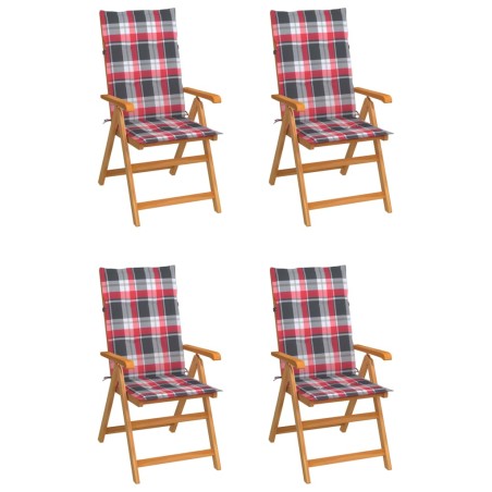 vidaXL Sedie Giardino 4 pz con Cuscini Rossi a Quadri Massello di Teak