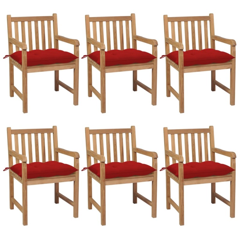 vidaXL Sedie da Giardino 6 pz con Cuscini Rossi in Massello di Teak vidaXL Sedie da Giardino 6 pz con Cuscini Rossi in Massello di Teak