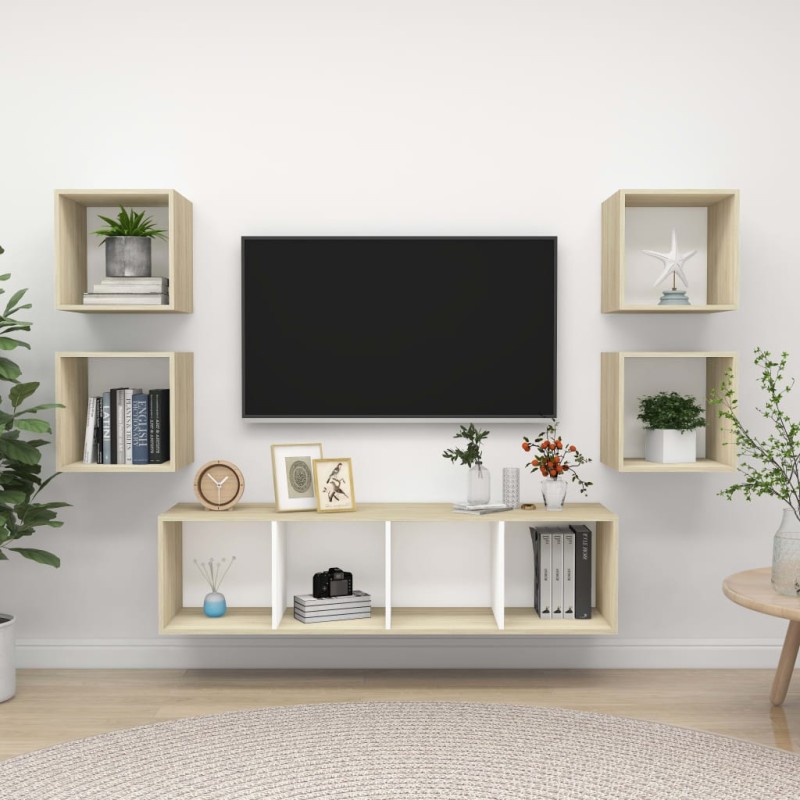 vidaXL Set Mobili TV 5 pz Bianco e Rovere Sonoma in Legno Multistrato vidaXL Set Mobili TV 5 pz Bianco e Rovere Sonoma in Legno Multistrato