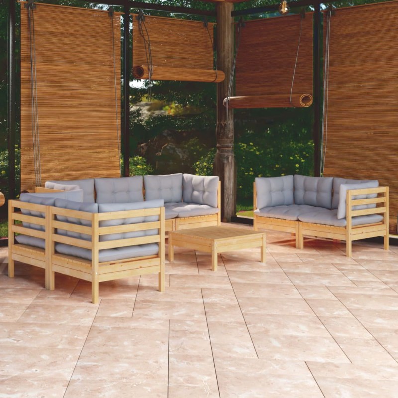 vidaXL Set Divani da Giardino 8 pz con Cuscini Grigi Massello di Pino vidaXL Set Divani da Giardino 8 pz con Cuscini Grigi Massello di Pino