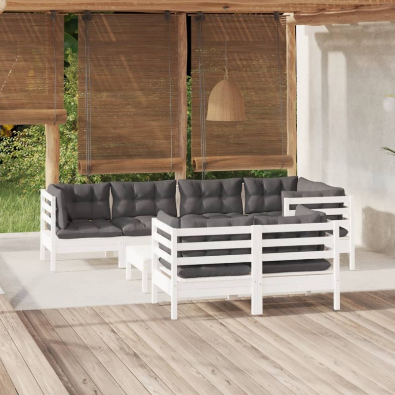 vidaXL Set Divani da Giardino 8 pz con Cuscini Bianchi Legno di Pino
