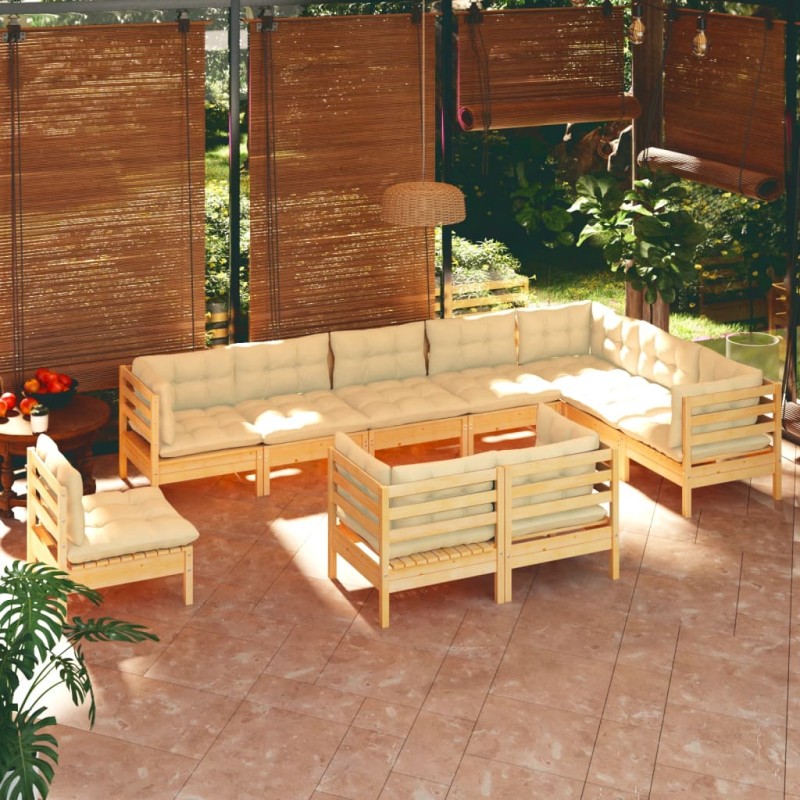 vidaXL Set Divani da Giardino 10 pz con Cuscini Crema in Massello di Pino vidaXL Set Divani da Giardino 10 pz con Cuscini Crema in Massello di Pino