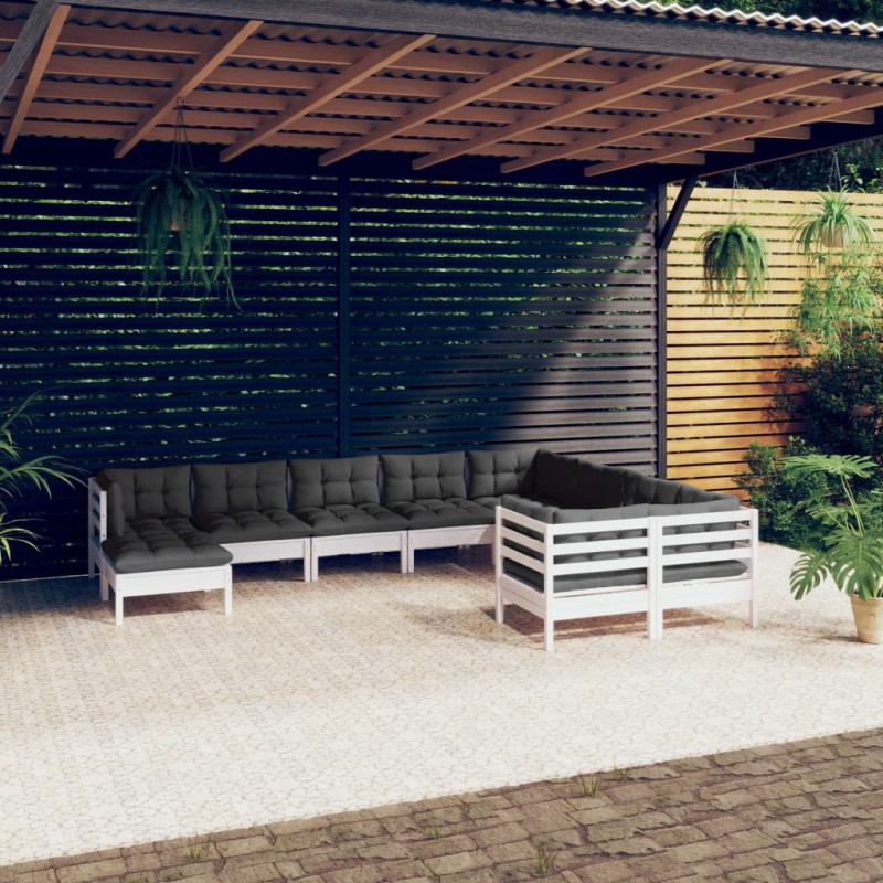 vidaXL Set Divani da Giardino 10 pz con Cuscini Legno di Pino Bianco vidaXL Set Divani da Giardino 10 pz con Cuscini Legno di Pino Bianco