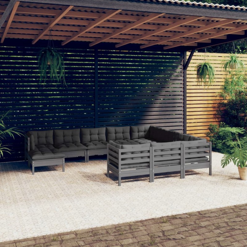 vidaXL Set Divani da Giardino 11pz con Cuscini Massello di Pino Grigio