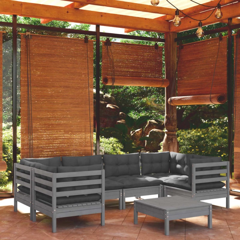 vidaXL Set Divani da Giardino 7 pz con Cuscini Grigi Massello di Pino vidaXL Set Divani da Giardino 7 pz con Cuscini Grigi Massello di Pino