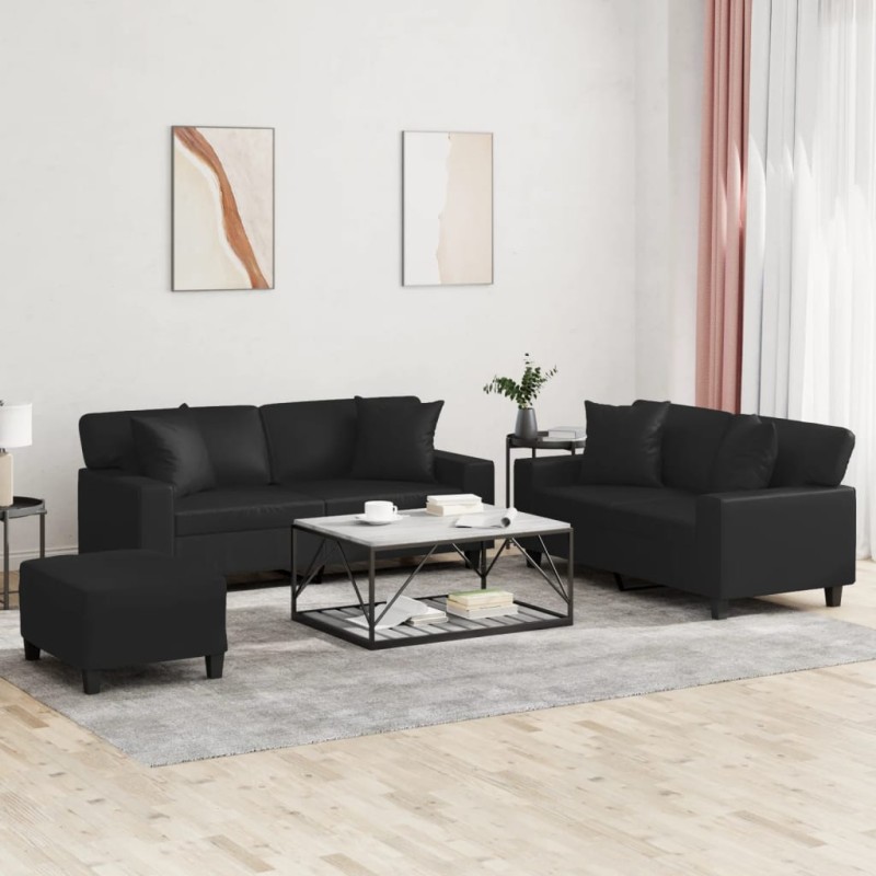 vidaXL Set di Divani 3 pz con Cuscini Nero in Similpelle vidaXL Set di Divani 3 pz con Cuscini Nero in Similpelle