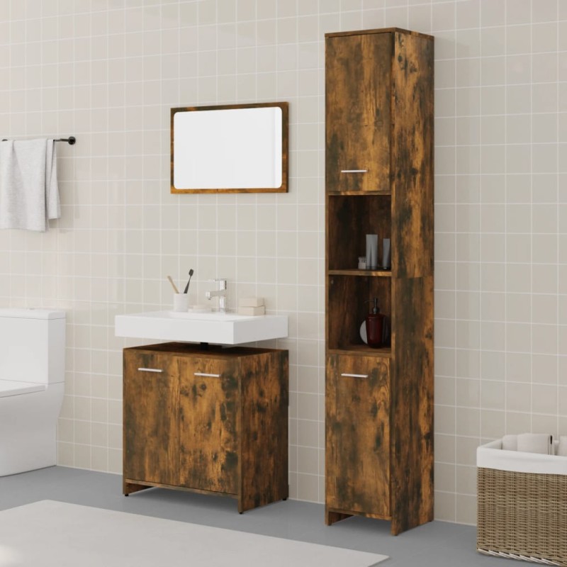 vidaXL Set Mobili da Bagno 3 pz Rovere Fumo in Legno Multistrato vidaXL Set Mobili da Bagno 3 pz Rovere Fumo in Legno Multistrato