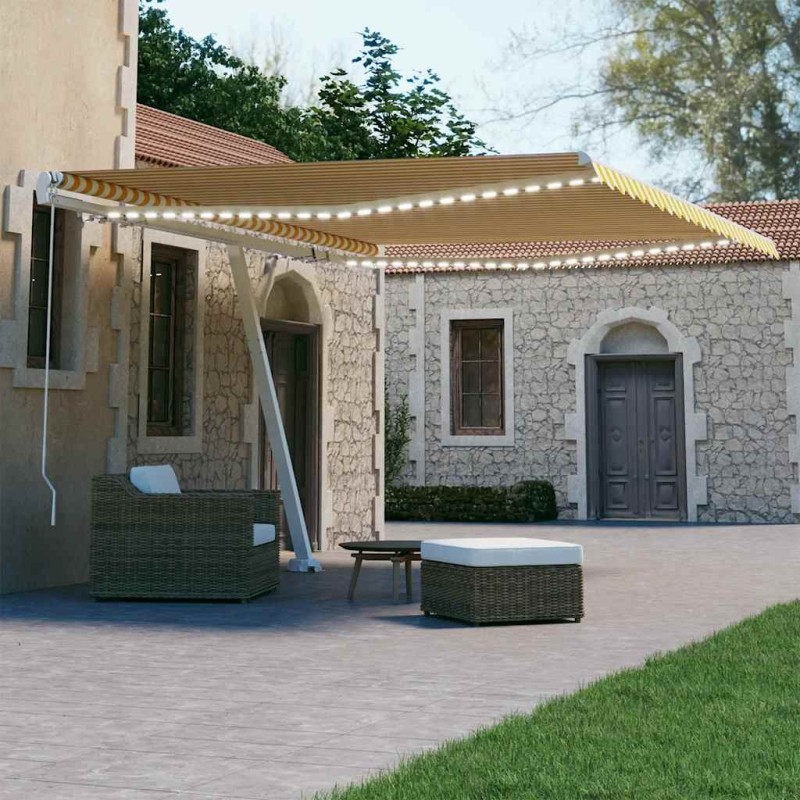 vidaXL Tenda da Sole Retrattile Manuale e LED 400x300cm Gialla Bianca vidaXL Tenda da Sole Retrattile Manuale e LED 400x300cm Gialla Bianca