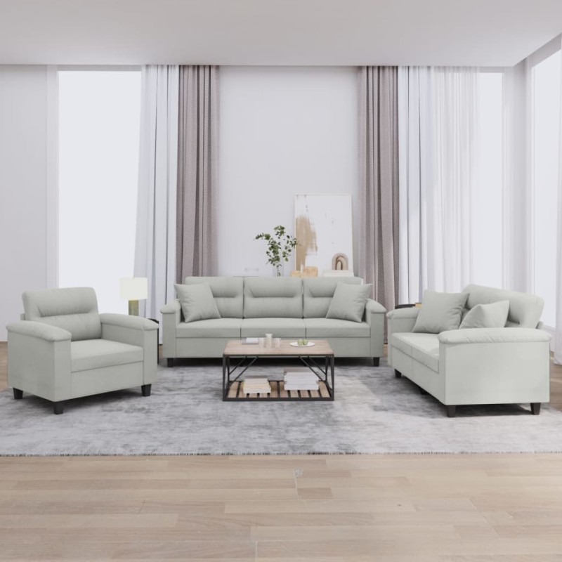 vidaXL Set Divani 3 pz con Cuscini Grigio Chiaro in Tessuto Microfibra vidaXL Set Divani 3 pz con Cuscini Grigio Chiaro in Tessuto Microfibra
