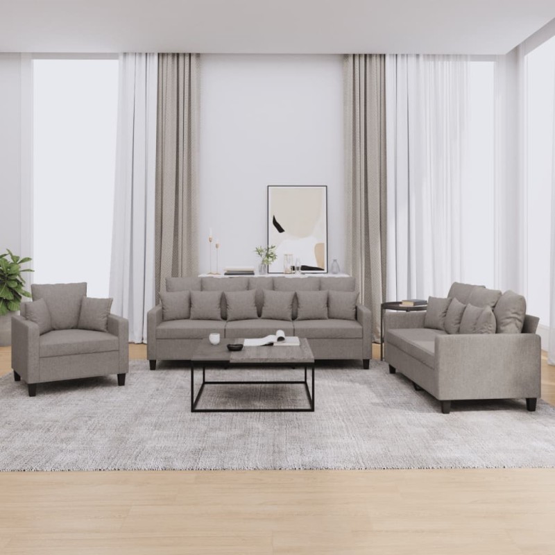 vidaXL Set Divani 3 pz con Cuscini Tortora in Tessuto vidaXL Set Divani 3 pz con Cuscini Tortora in Tessuto