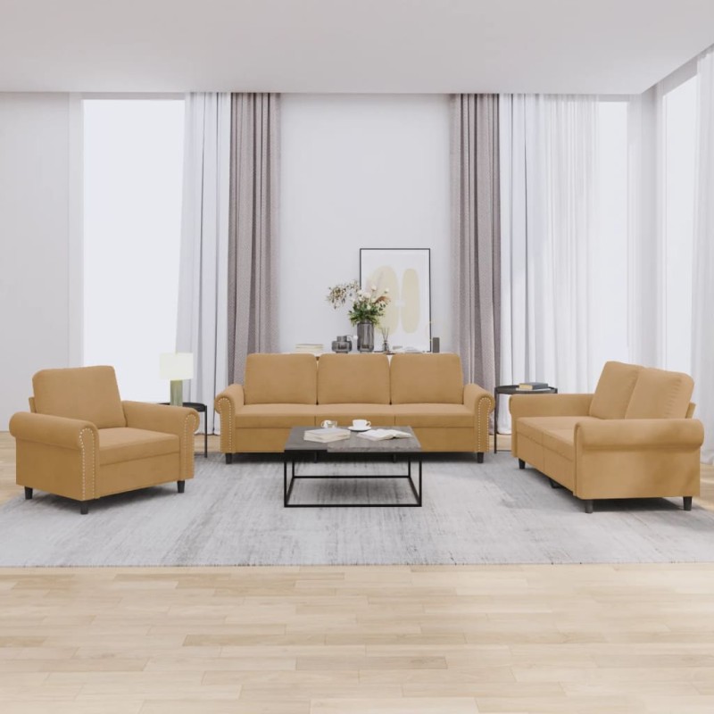 vidaXL Set di Divani 3 pz con Cuscini Marrone in Velluto vidaXL Set di Divani 3 pz con Cuscini Marrone in Velluto