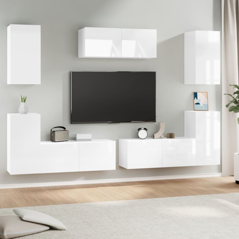 Set di Mobili Porta TV 7 pz Bianco Lucido in Legno Multistrato Set di Mobili Porta TV 7 pz Bianco Lucido in Legno Multistrato