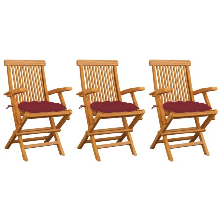 vidaXL Sedie Giardino con Cuscini Rosso Vino 3 pz Legno Massello Teak
