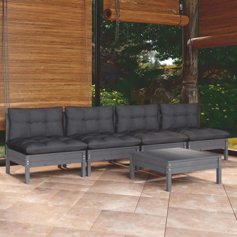 vidaXL Set Divani da Giardino 5 pz con Cuscini Antracite Legno di Pino