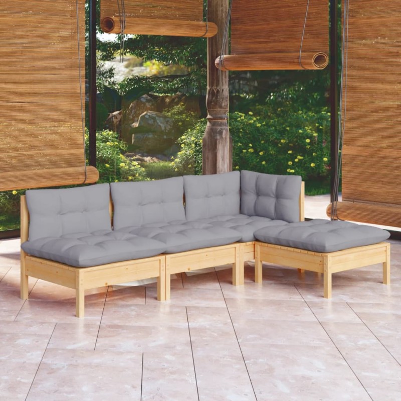 vidaXL Set Divani da Giardino 4 pz con Cuscini Grigi Massello di Pino