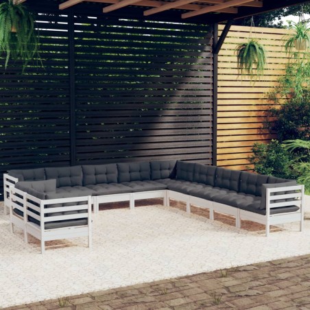 vidaXL Set Divani da Giardino 11 pz con Cuscini Bianchi Legno di Pino