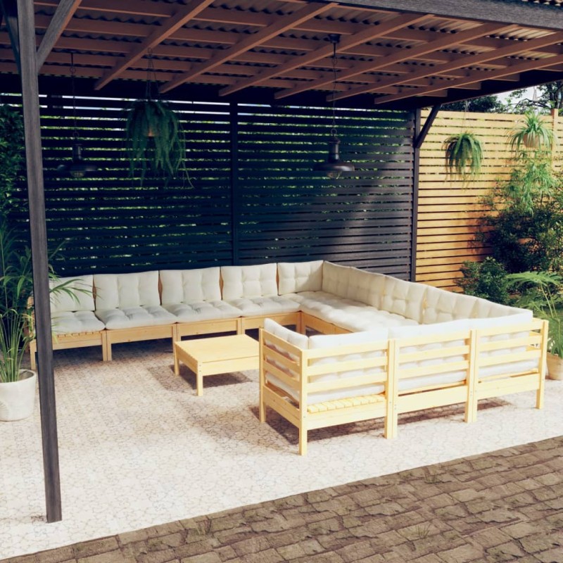 vidaXL Set Divani da Giardino 12 pz con Cuscini Crema Massello di Pino vidaXL Set Divani da Giardino 12 pz con Cuscini Crema Massello di Pino