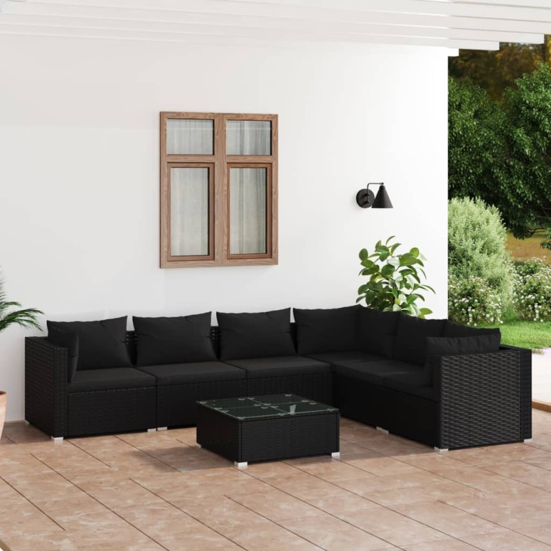 vidaXL Set Divani da Giardino 7 pz con Cuscini in Polyrattan Nero vidaXL Set Divani da Giardino 7 pz con Cuscini in Polyrattan Nero