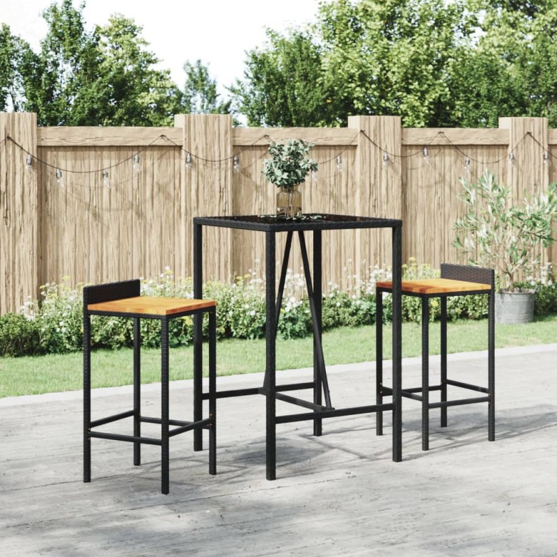 vidaXL Set Bar Giardino 3 pz Nero Polyrattan e Legno Massello Acacia vidaXL Set Bar Giardino 3 pz Nero Polyrattan e Legno Massello Acacia