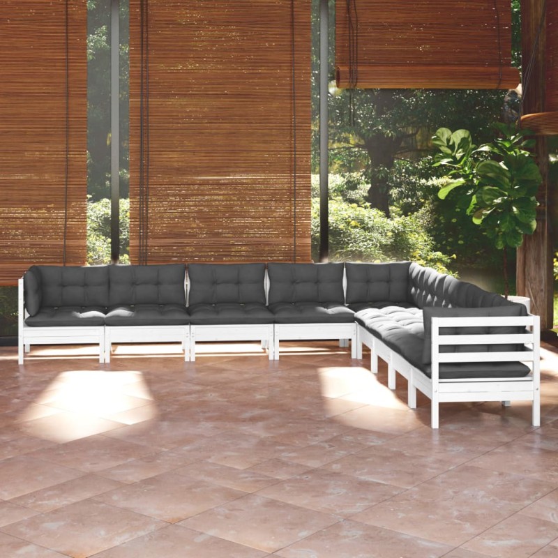 vidaXL Set Divani da Giardino 9 pz con Cuscini Bianchi Legno di Pino vidaXL Set Divani da Giardino 9 pz con Cuscini Bianchi Legno di Pino