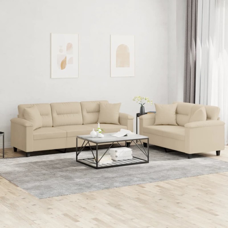 vidaXL Set Divani 2 pz con Cuscini Crema in Tessuto Microfibra vidaXL Set Divani 2 pz con Cuscini Crema in Tessuto Microfibra