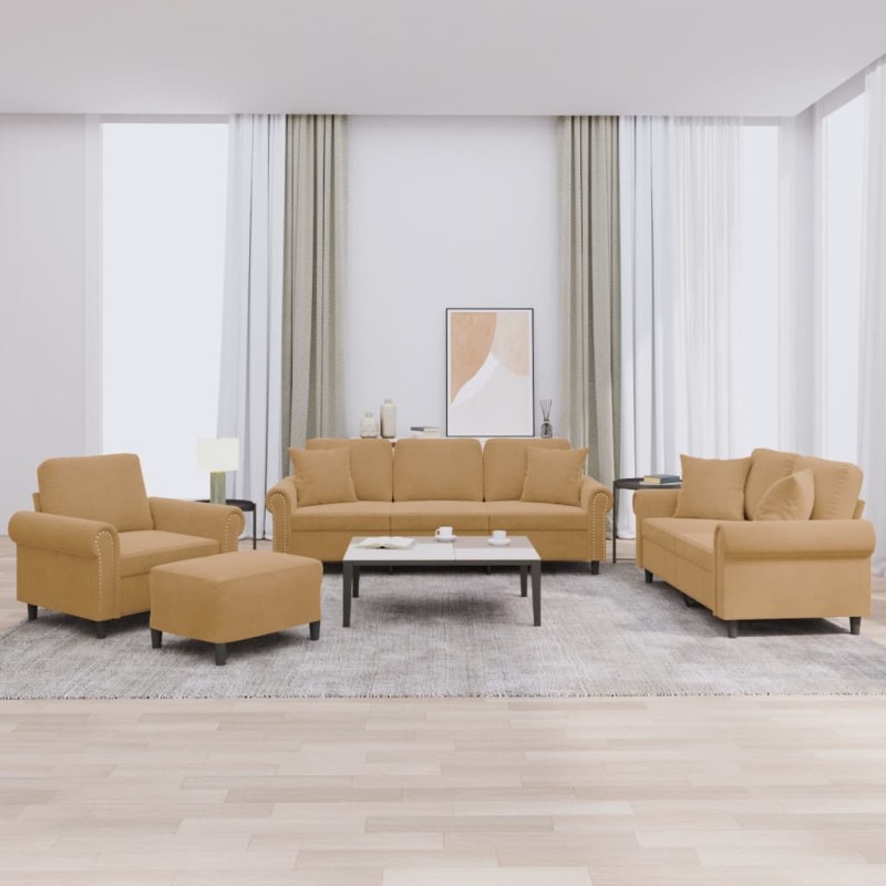 vidaXL Set di Divani 4 pz con Cuscini Marrone in Velluto vidaXL Set di Divani 4 pz con Cuscini Marrone in Velluto