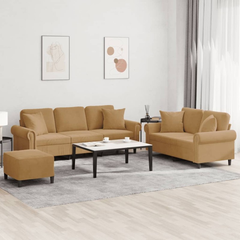 vidaXL Set di Divani 3 pz con Cuscini Marrone in Velluto vidaXL Set di Divani 3 pz con Cuscini Marrone in Velluto