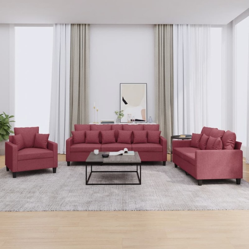 vidaXL Set di Divani 3 pz con Cuscini Rosso Vino in Tessuto vidaXL Set di Divani 3 pz con Cuscini Rosso Vino in Tessuto