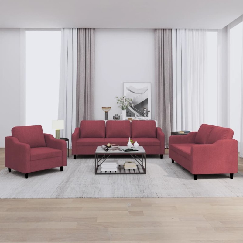 vidaXL Set di Divani 3 pz con Cuscini Rosso Vino in Tessuto vidaXL Set di Divani 3 pz con Cuscini Rosso Vino in Tessuto